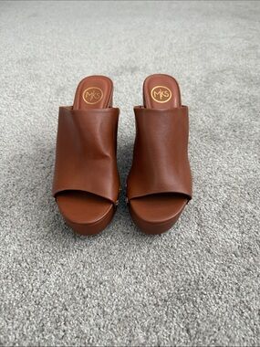 MKS Cognac Brown Leather Slide Mules